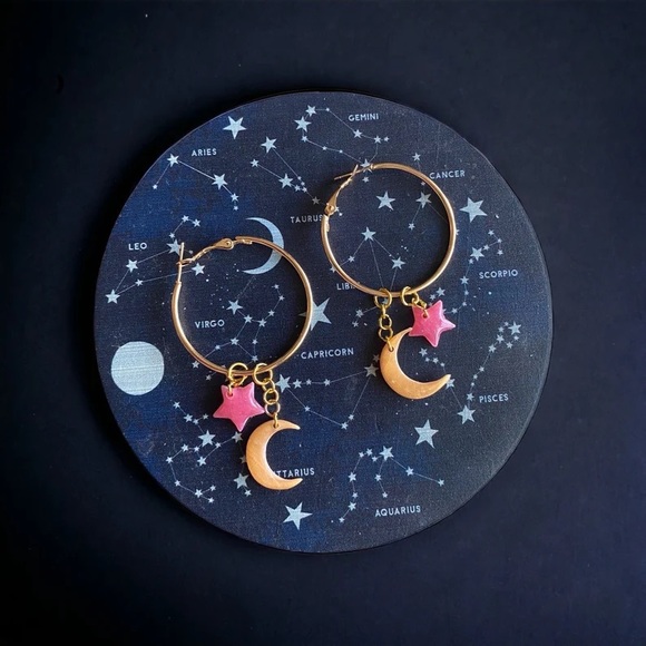 Pink and Gold Handmade Celestial Earrings - Hypoallergenic Moon and Star Hoops - Picture 1 of 4